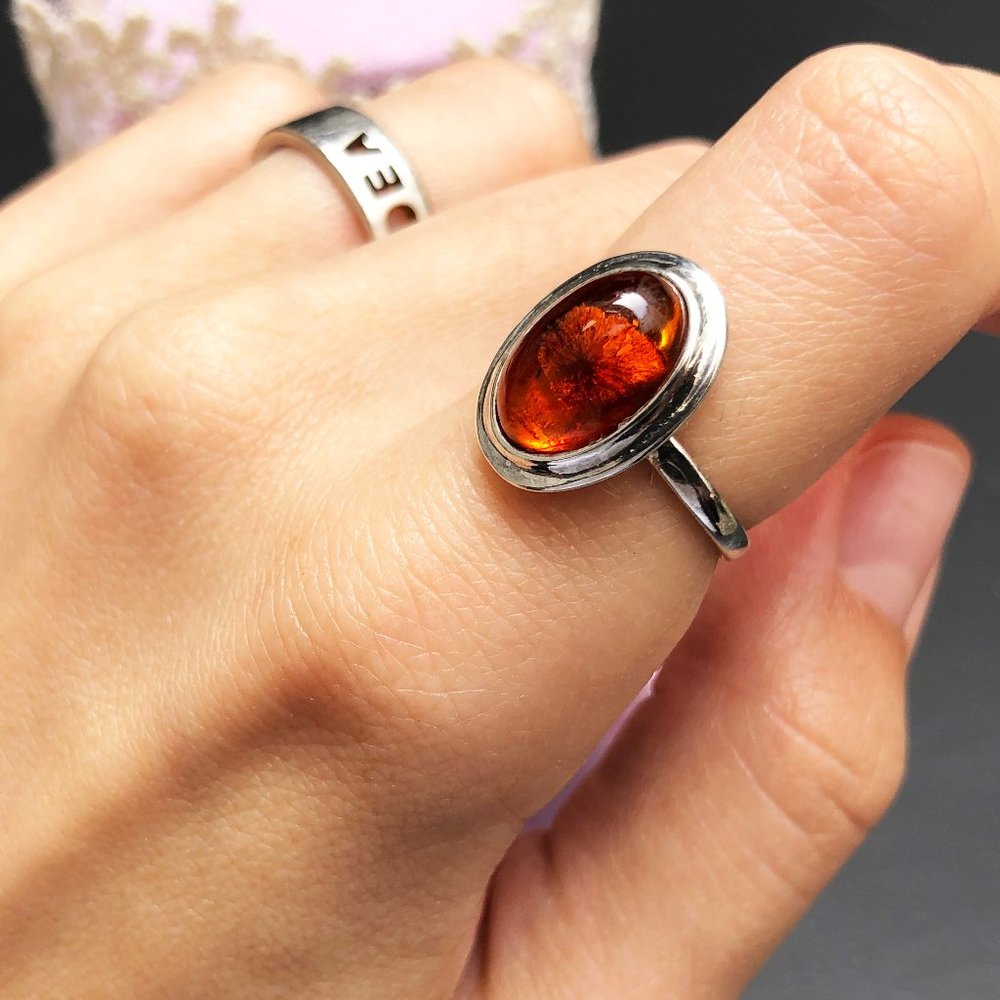 Large amber ring sterling silver size 6 US, accent orange oval cabochon ring